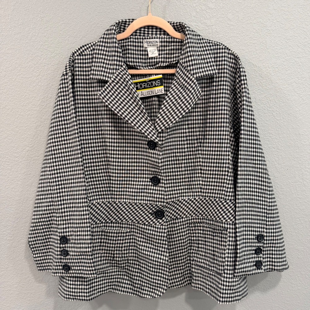 VTG Gingham Blazer Black White 100% Cotton Plus Size 2X Academia Preppy